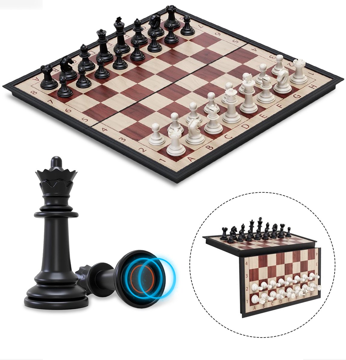 Magnetisch schaakbord met zwarte en witte stukken.