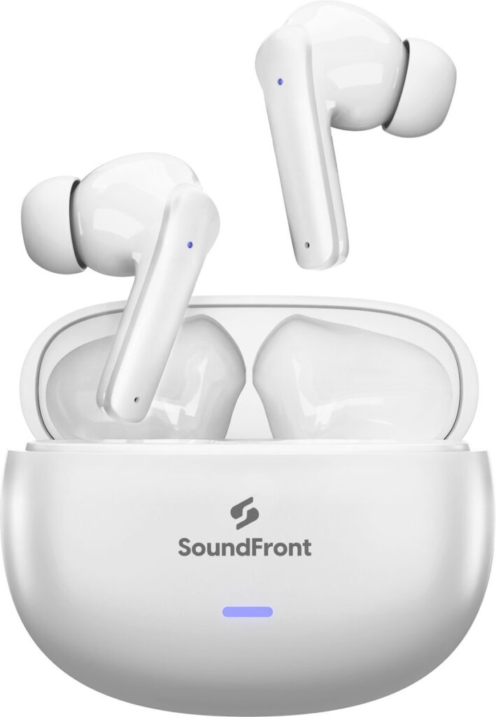 Draadloze oordopjes met witte oplaadcase, merk SoundFront