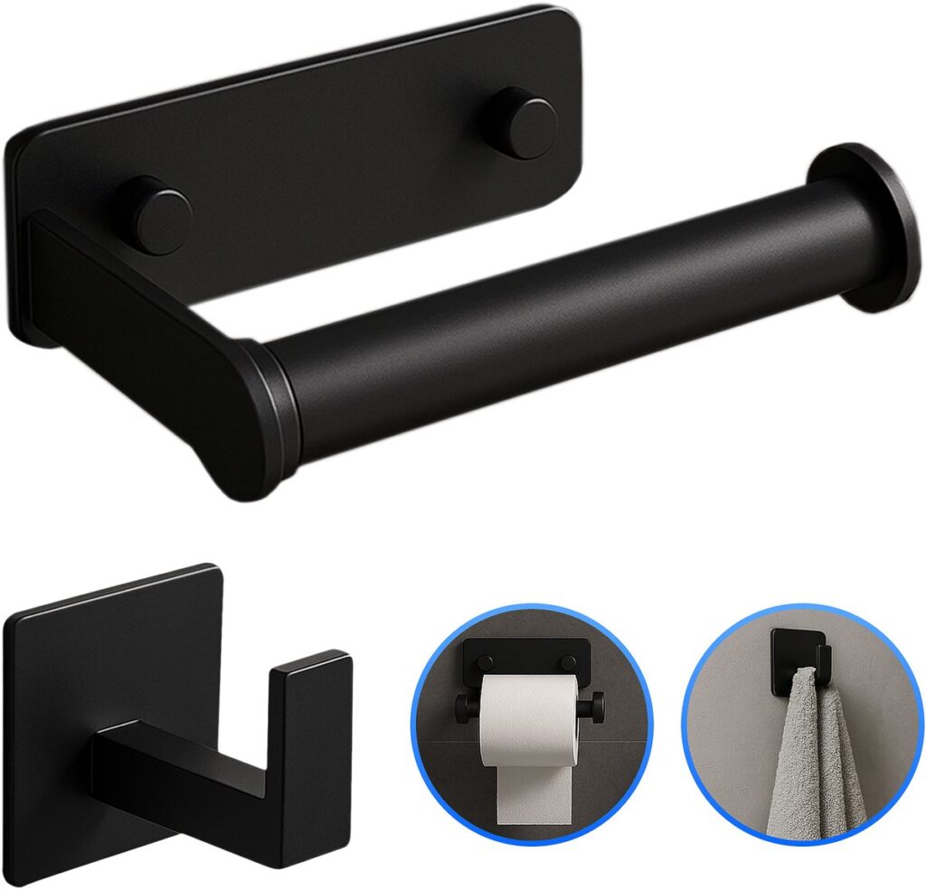 Zwarte toiletrolhouder en haak set voor badkamer
