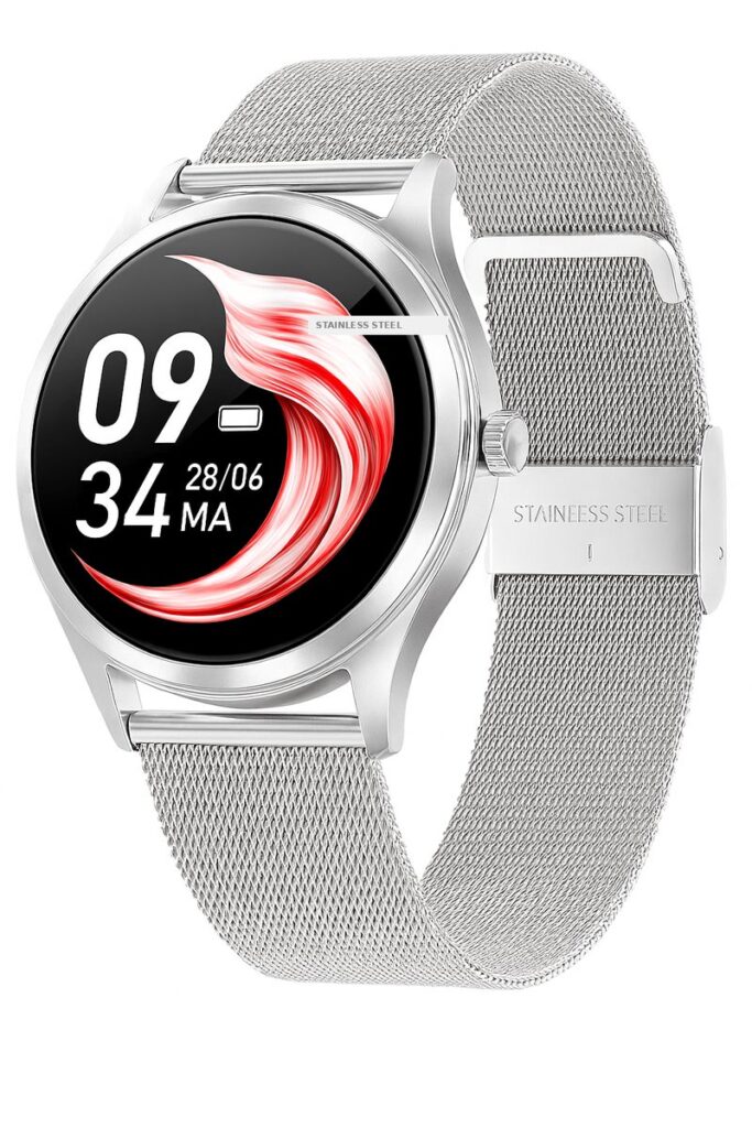 Stijlvolle zilveren smartwatch met geweven band.