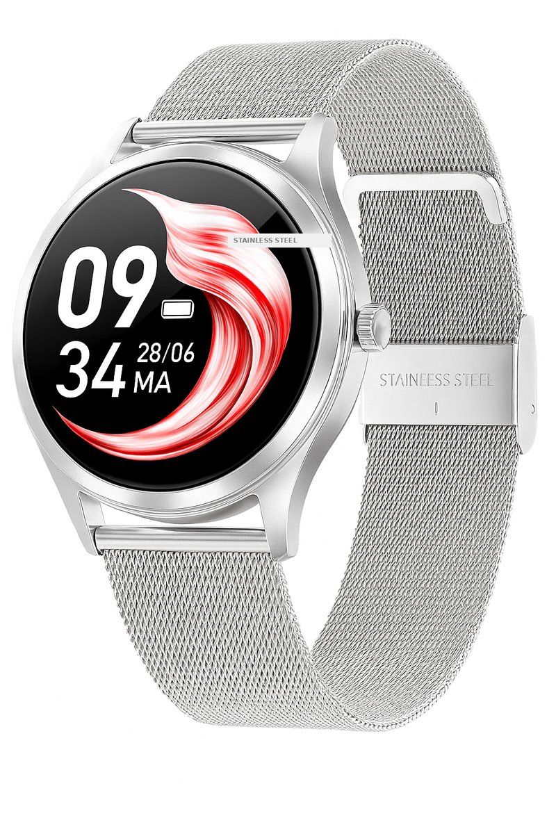 Stijlvolle zilveren smartwatch met geweven band.