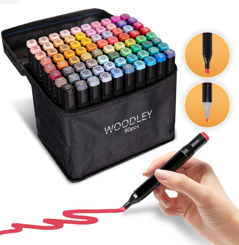 Set van 80 kleurrijke alcoholmarkers in etui.