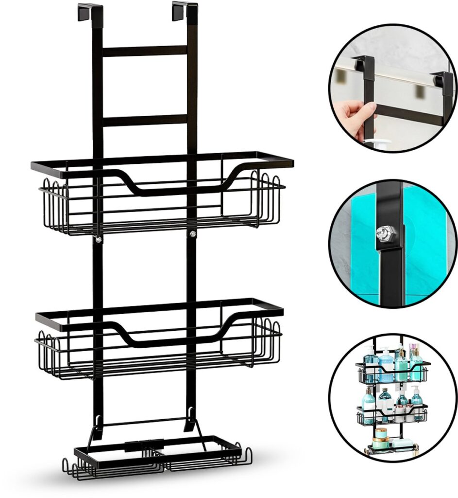 Zwarte metalen douche caddy met drie lagen