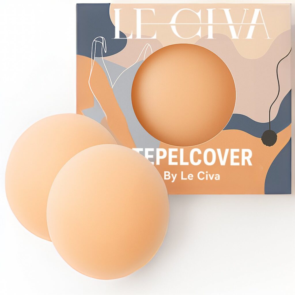 Huidkleurige tepelcovers met verpakking op witte achtergrond.