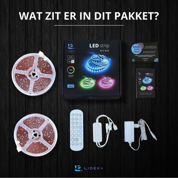 Inhoud LED-strip pakket met accessoires en handleiding.