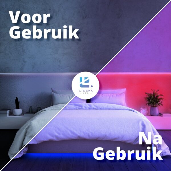 LED-verlichting voor en na in slaapkamer