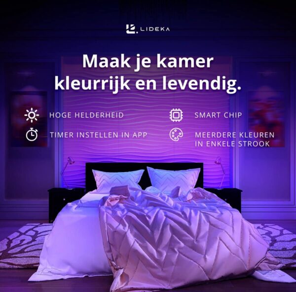 LED-verlichting voor kleurrijke slaapkamer met slimme functies.