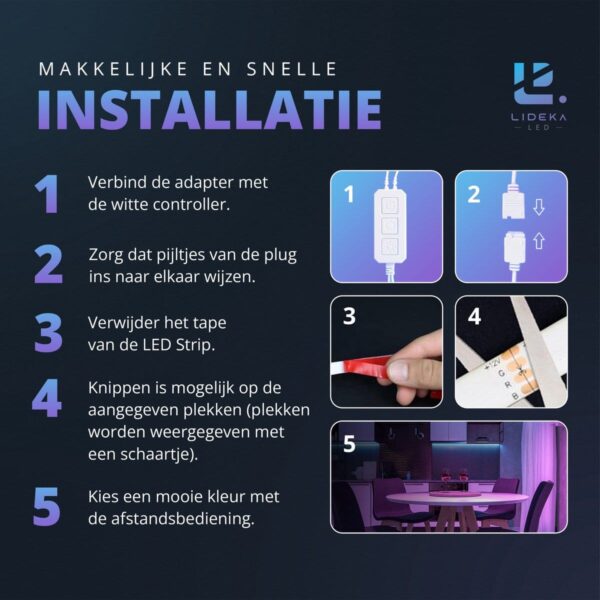 Snelle installatie-instructies voor LED-verlichting in vijf stappen.