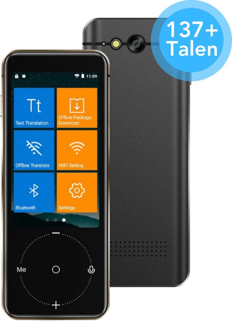 Vertaalapparaat met scherm voor tekst en instellingen.