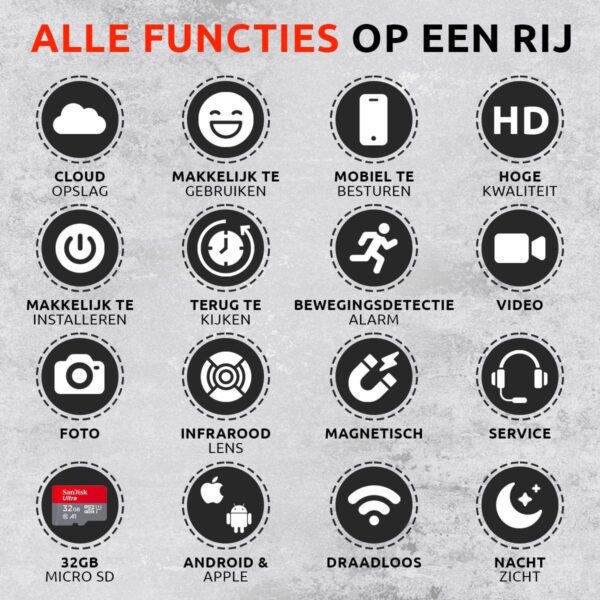 Camera functies: cloud opslag, HD, bewegingsdetectie, nachtzicht.