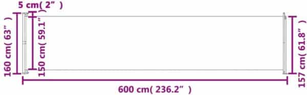 Plattegrond met afmetingen in centimeters en inches.