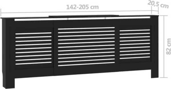 Zwarte verstelbare radiatorbekleding met afmetingen