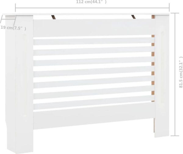 Witte radiatorombouw met horizontale lamellen en afmetingen.