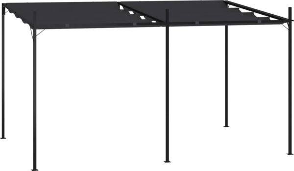 Zwarte metalen pergola met doek.