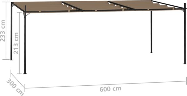 Grote, vrijstaande pergola met afmetingen in centimeters.