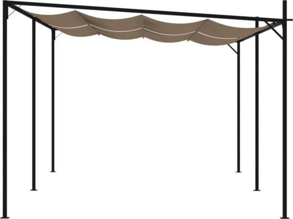 Stalen pergola met golvend beige zonnescherm