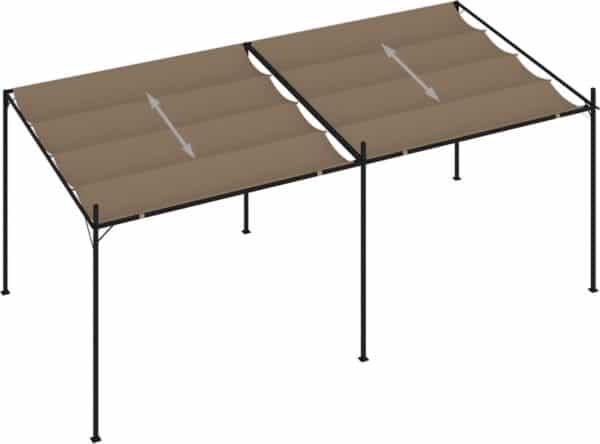 Bruine pergola met inklapbaar doek, metalen frame.