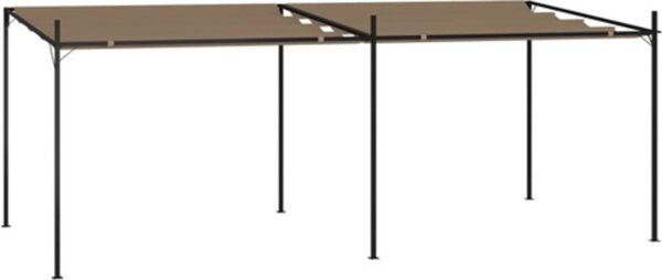 Tweedeurs pergola met beige doek en metalen frame.