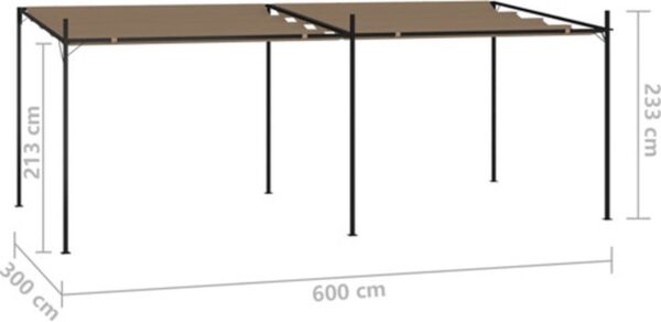 Grote metalen pergola met afmetingen in centimeters