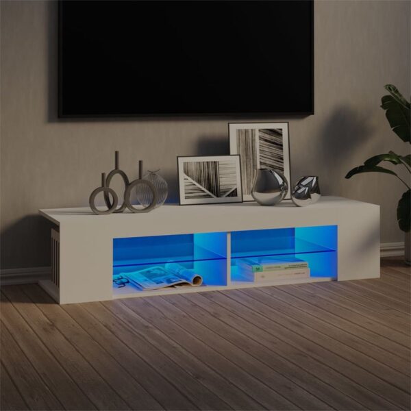 Witte tv-meubel met blauwe verlichting, interieurdecor.