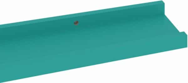 Turquoise metalen plank met schroefgat.