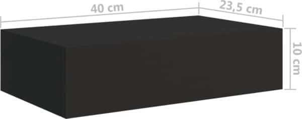 Zwarte rechthoekige doos met afmetingen in centimeters.