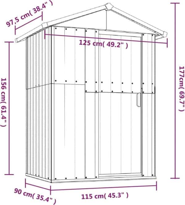 Metalen tuinhuisje met afmetingen in centimeters.