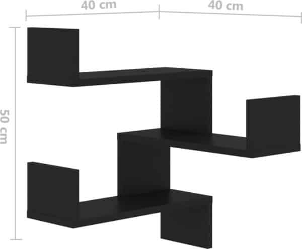 Zwarte wandplank met drie niveaus, 40x50 cm.