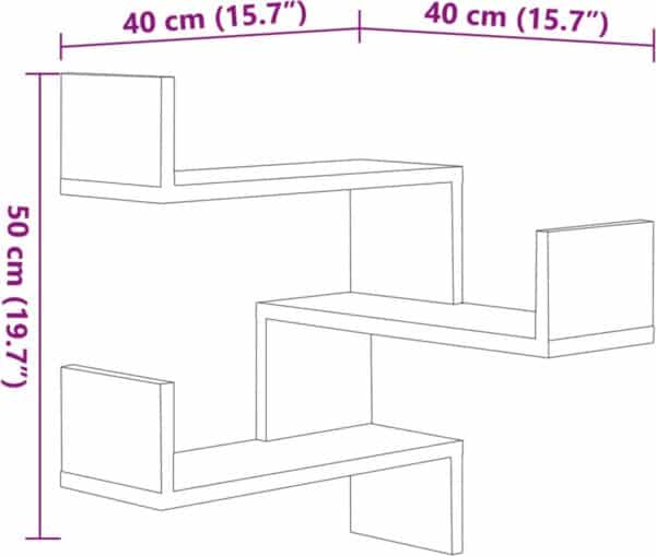 L-vormige houten zwevende plank met afmetingen