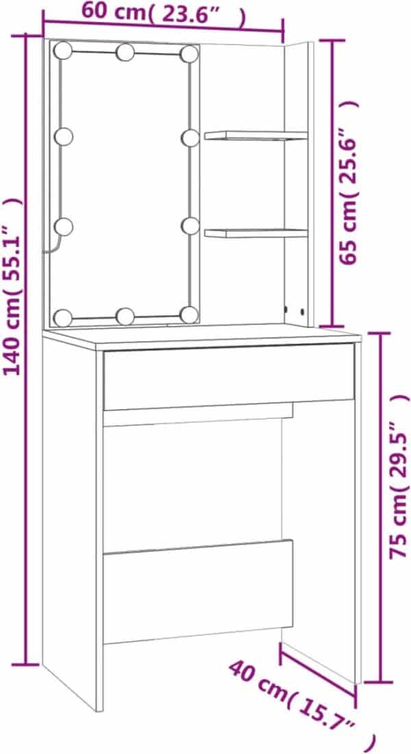 Toilettafel met spiegel en planken, afmetingen aangegeven.