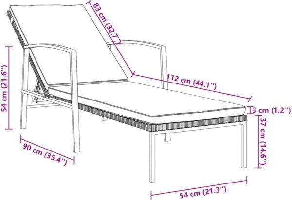 Afmetingen ligstoel met verstelbare rugleuning in centimeters.