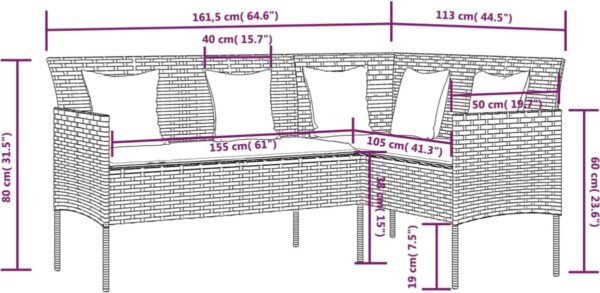 Afmetingen van een hoekbank met kussens in centimeters.