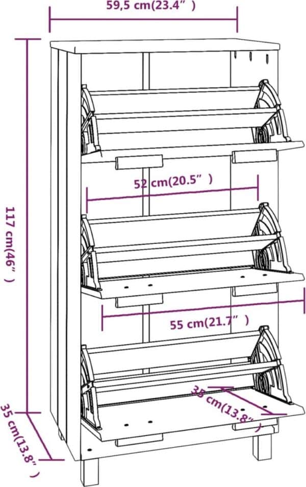 Schoenenkast met afmetingen en drie planken.