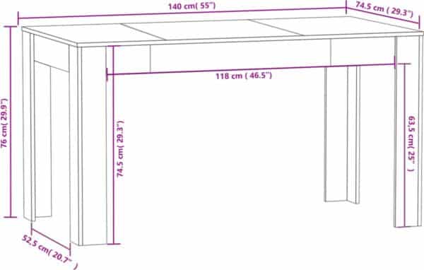 Eettafel met afmetingen in centimeters en inches