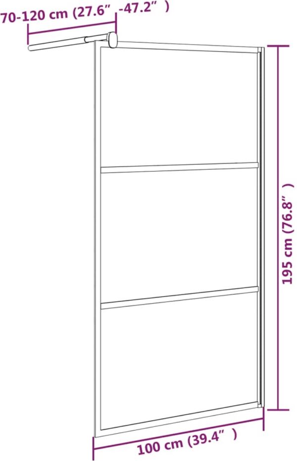 Douchewand met verstelbare stang en afmetingen in centimeters.