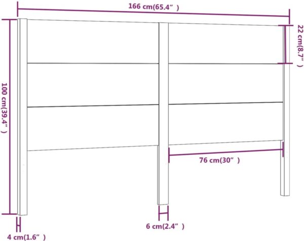 Hoofdbord met afmetingen in centimeters en inches.