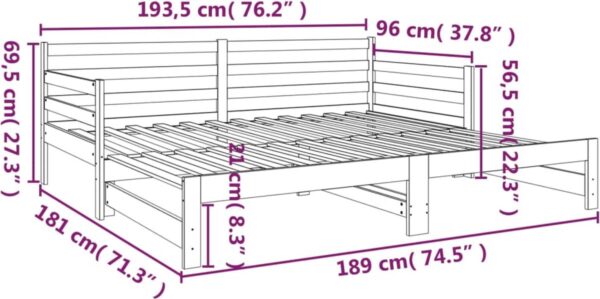 Afmetingen houten bedframe in centimeters en inches.