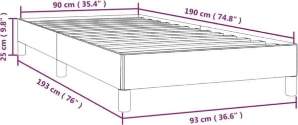 Illustratie bedframe met afmetingen in centimeters en inches.