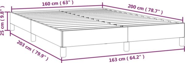 Dimensionale tekening van een bedframe in centimeters.