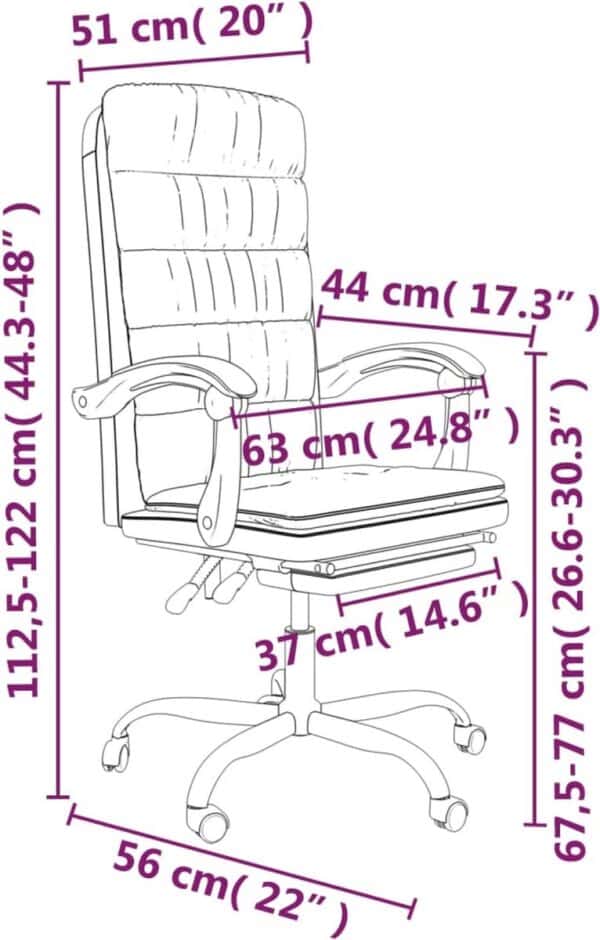 Afmetingen ergonomische bureaustoel met verstelbare rugleuning.