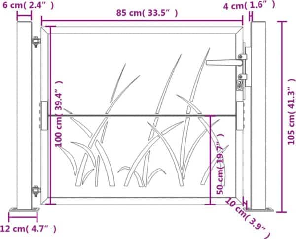 Metalen poort met afmetingen in centimeters en inches.