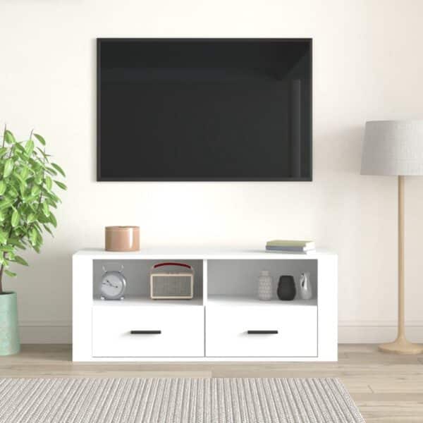 Moderne woonkamer met tv-meubel en decoraties.