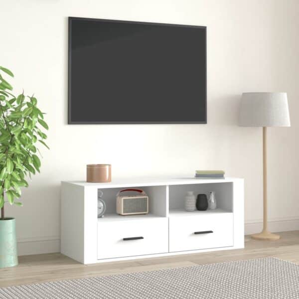 Moderne woonkamer met tv, kast en planten.