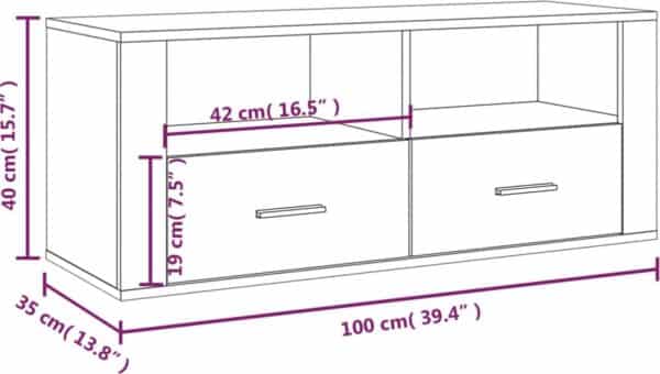 Tekening van tv-meubel met afmetingen in centimeters.