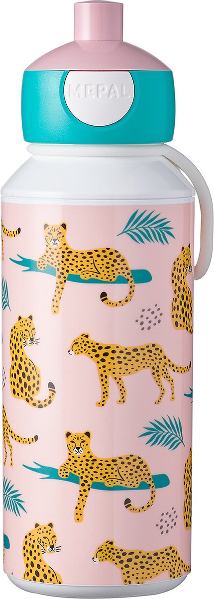 Roze waterfles met cheetah print en blauwe dop.