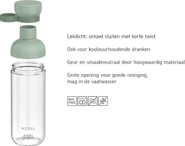 Transparante Mepal fles met groene dop, vaatwasserbestendig.