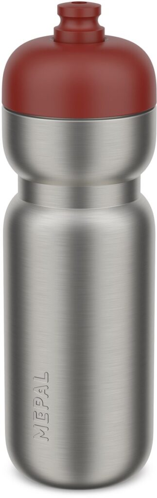 Roestvrijstalen fles met rode dop.