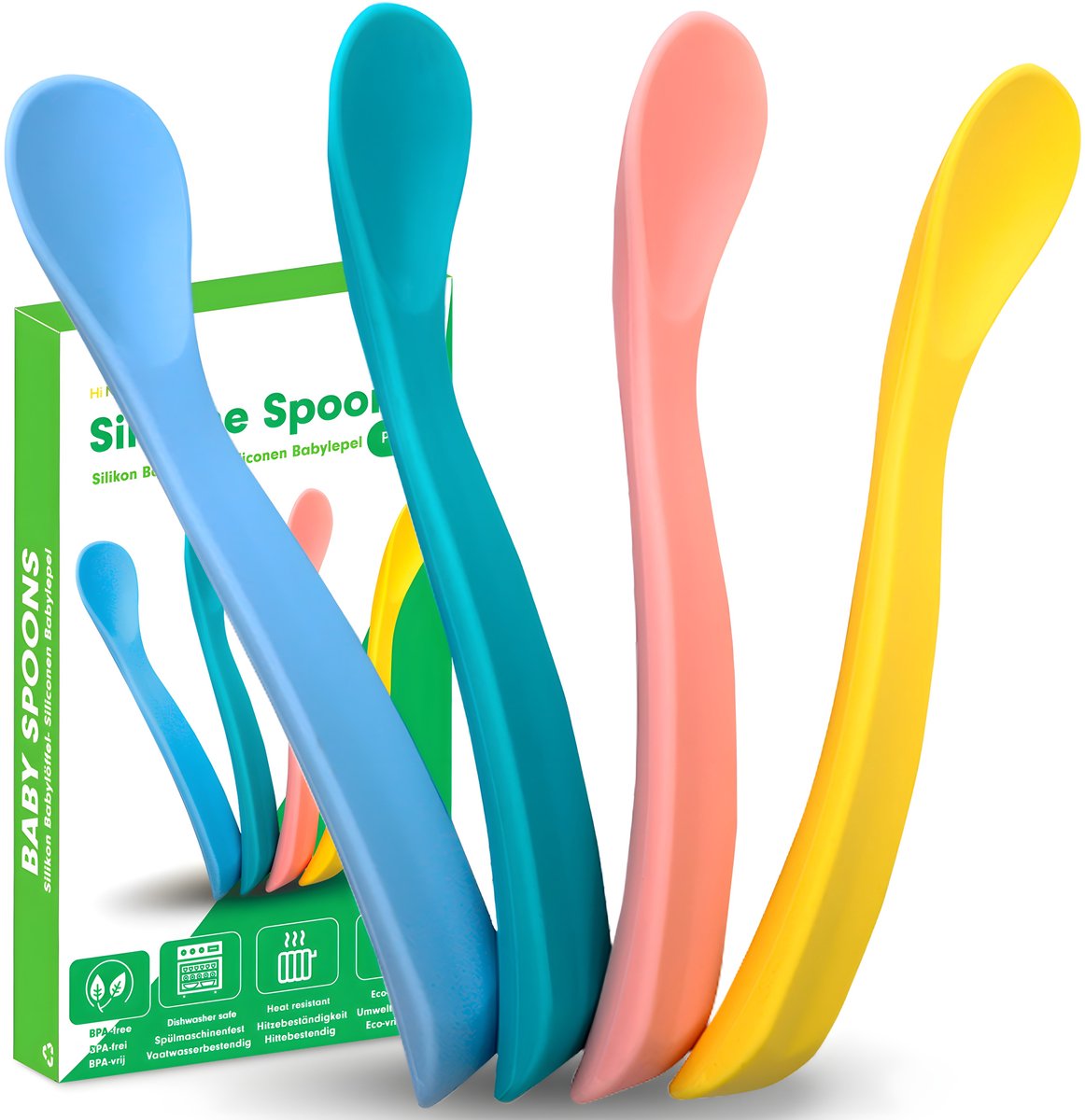 Vrolijke siliconen baby lepels in diverse kleuren.