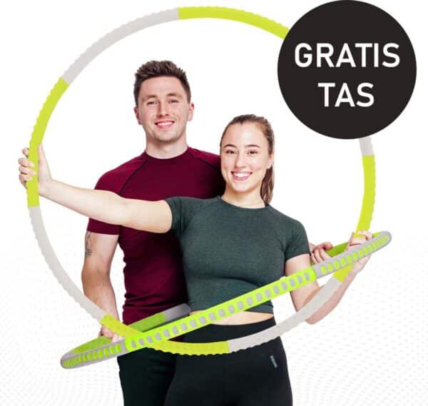 Twee mensen met hoelahoeps, gratis tas aanbieding.