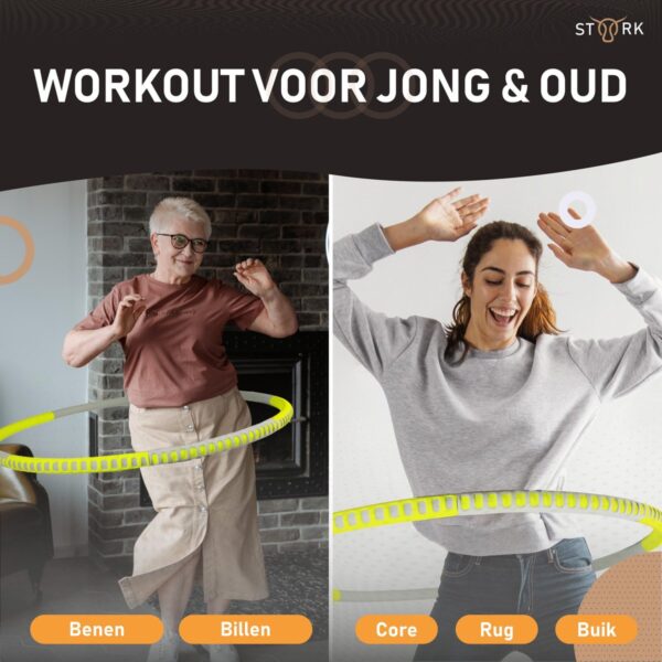 Twee vrouwen hoelahoepen voor fitness, jong en oud.